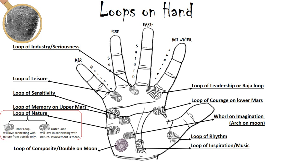 Palm diagram naming the loop and whorl positions — leadership, courage, memory, rhythm, inspiration and imagination — with the fingers labelled for their planets and elements