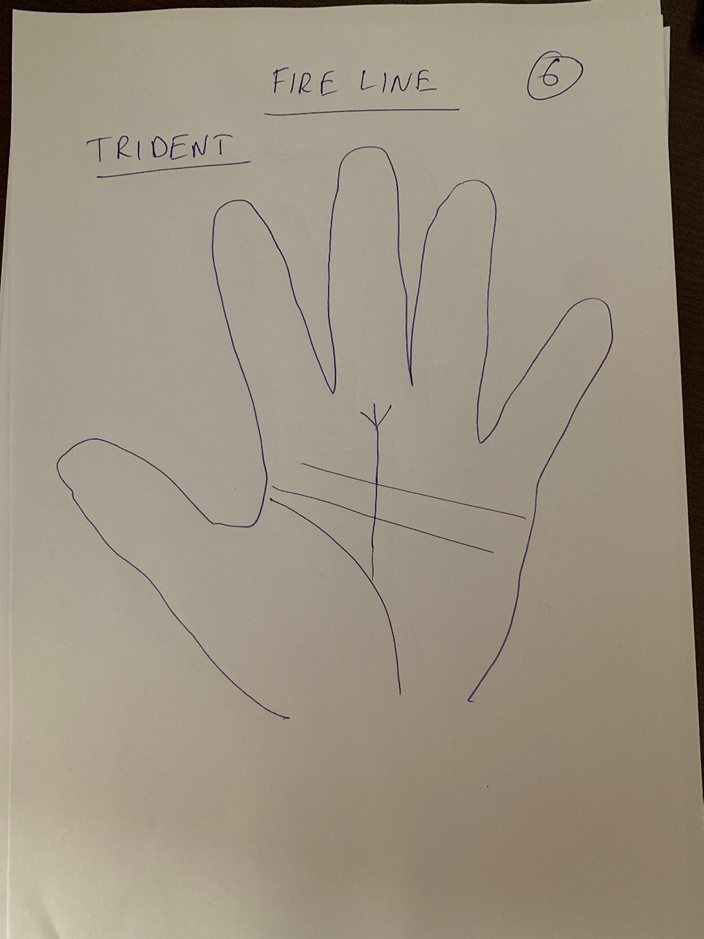 Hand-drawn palm labelled "Fire line — trident": a vertical line rising toward the middle finger and ending in a three-pronged fork above the two horizontal creases
