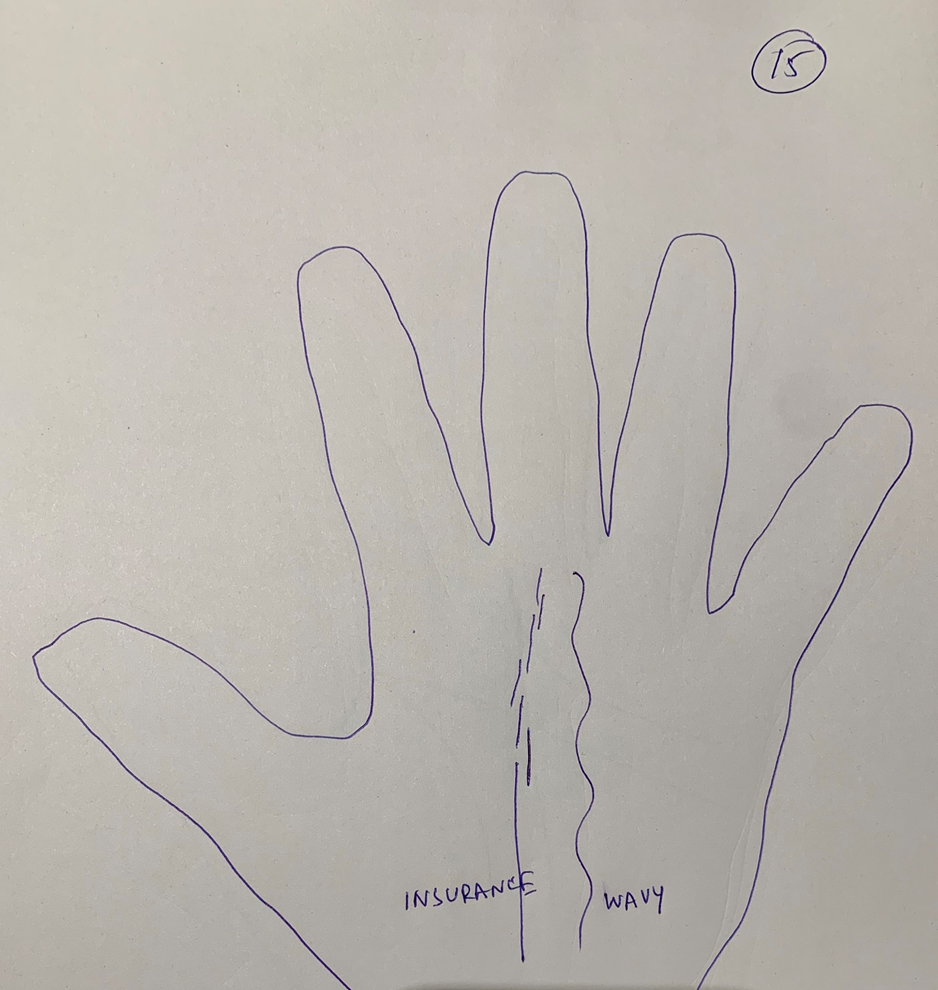 Hand-drawn palm comparing two vertical lines side by side, one labelled "insurance" and drawn straight with breaks, the other labelled "wavy" and drawn as a continuous ripple