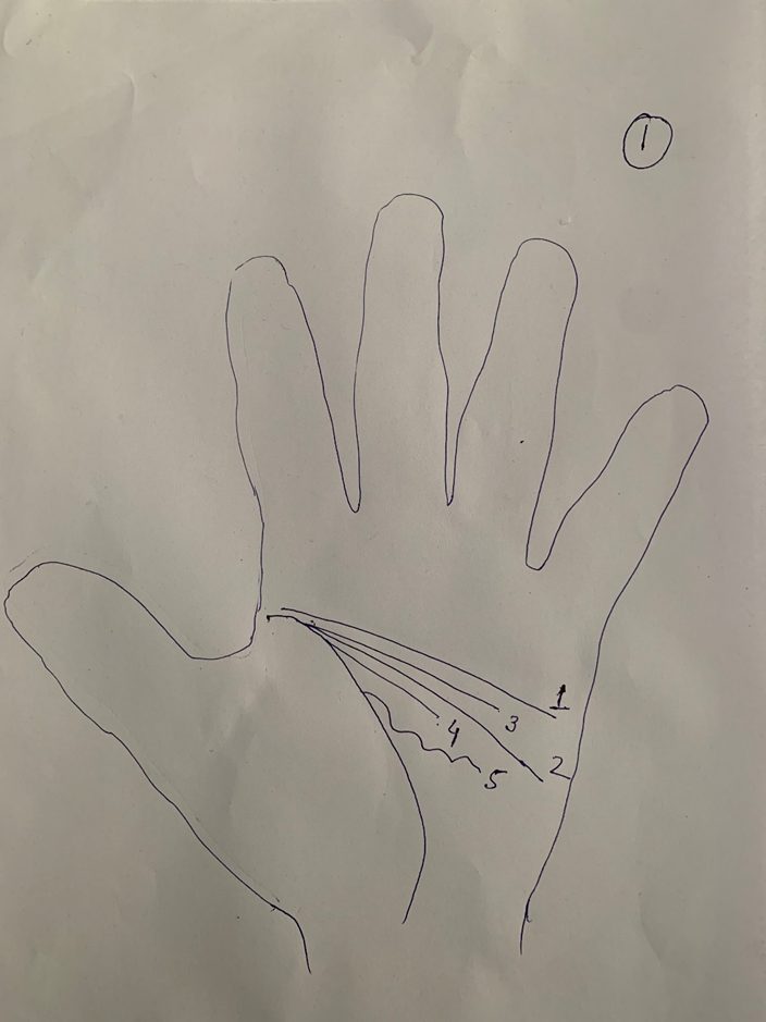 Hand-drawn palm with five numbered head-line variants fanning from a single origin below the index finger — three straight at different angles, one wavy, one sloping deep