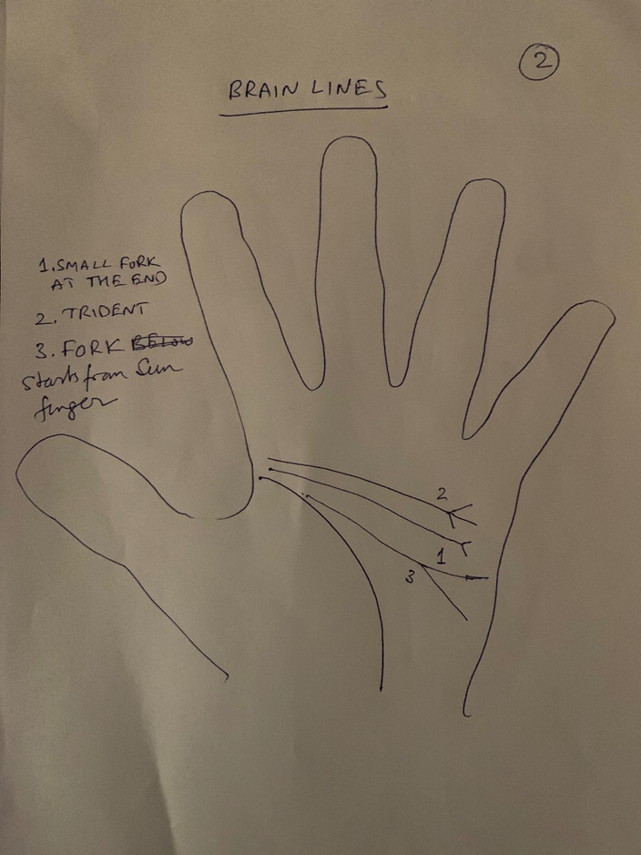 Hand-drawn palm outline titled "Brain lines", with three numbered endings marked: a small fork, a trident, and a fork branching from beneath the Sun finger