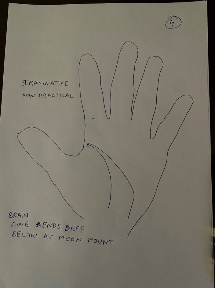 Hand-drawn palm headed "Brain line bends deep below at Moon mount", annotated "imaginative, non practical", the line sloping steeply toward the wrist