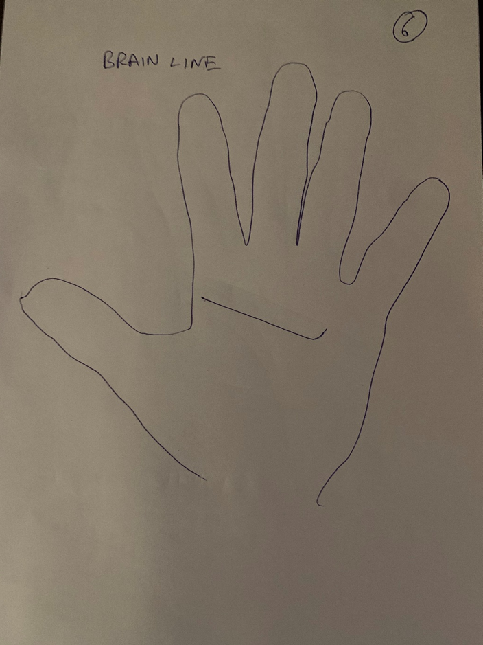 Hand-drawn palm headed "Brain line", the line running short and level toward the Mercury mount under the little finger