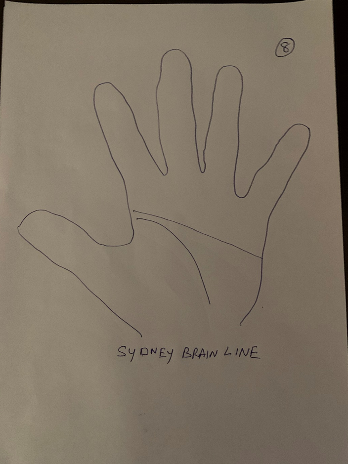 Hand-drawn palm captioned "Sydney brain line", the head line running unbroken all the way across the palm to its far edge
