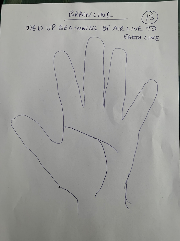 Hand-drawn palm headed "Brain line — tied up beginning of air line to earth line", the head and life creases joined where they start