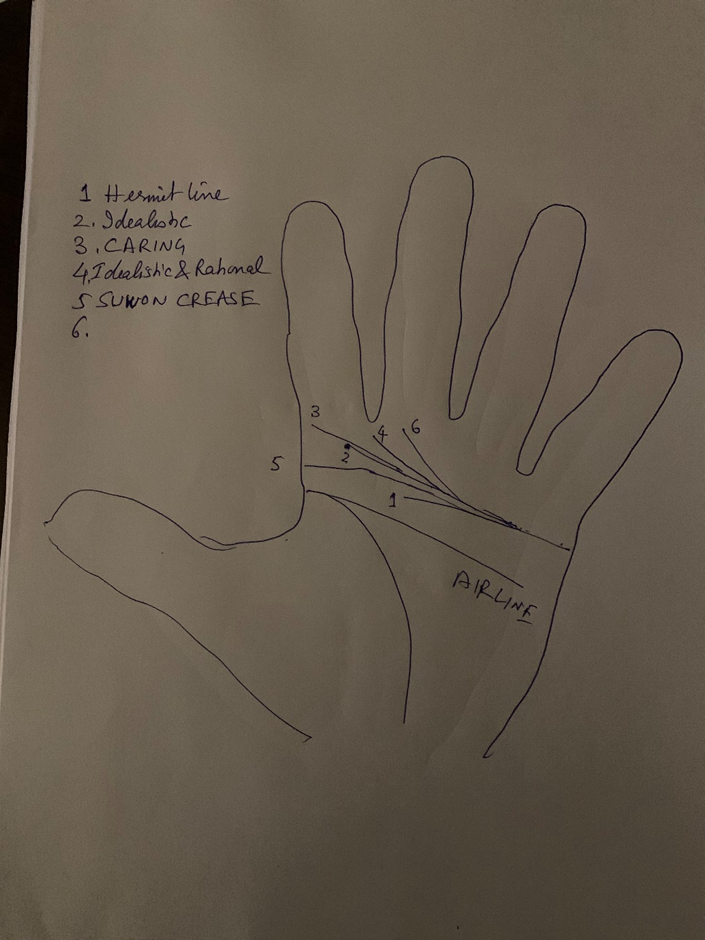 Hand-drawn palm with six numbered heart-line variants fanning from the palm edge — hermit line, idealistic, caring, idealistic and rational, and the Suwon crease — with the air line marked below