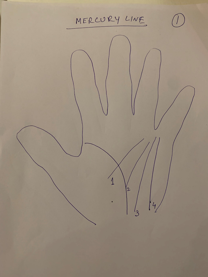 Hand-drawn palm headed "Mercury line" with four numbered line types drawn rising toward the little finger at different angles and lengths