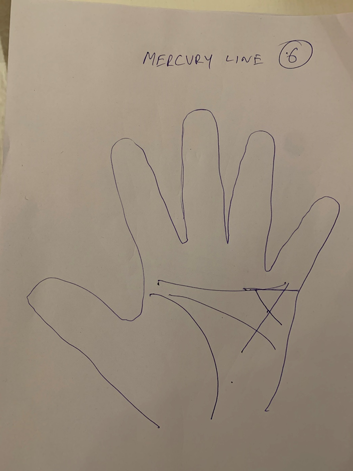 Hand-drawn palm headed "Mercury line" where the line cuts through the heart crease and extends on toward the upper Mars area