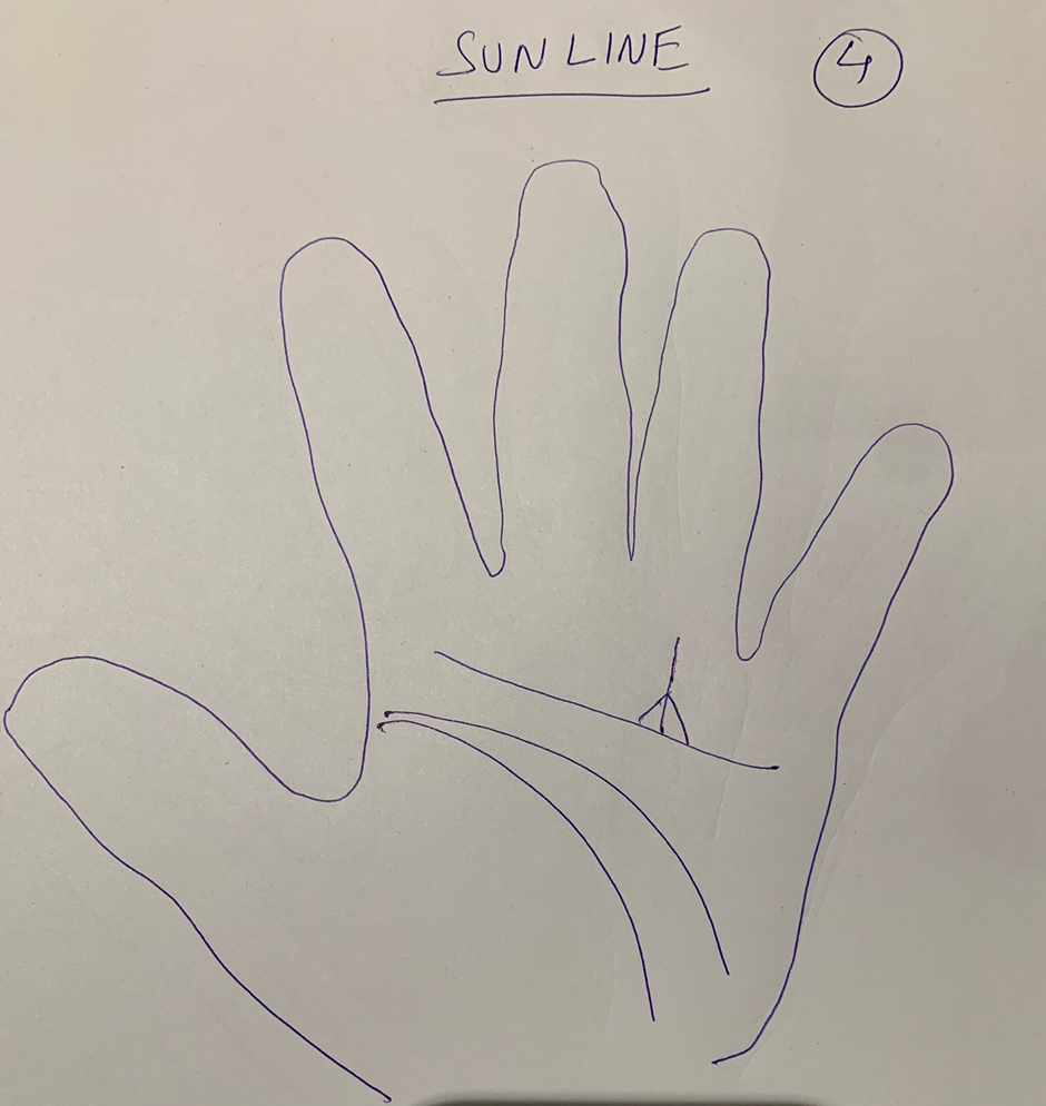 Hand-drawn palm headed "Sun line" showing two fine lines rising from the heart crease toward the ring finger