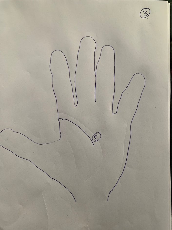 Hand-drawn palm where the life line is short, stopping partway across the Venus mount