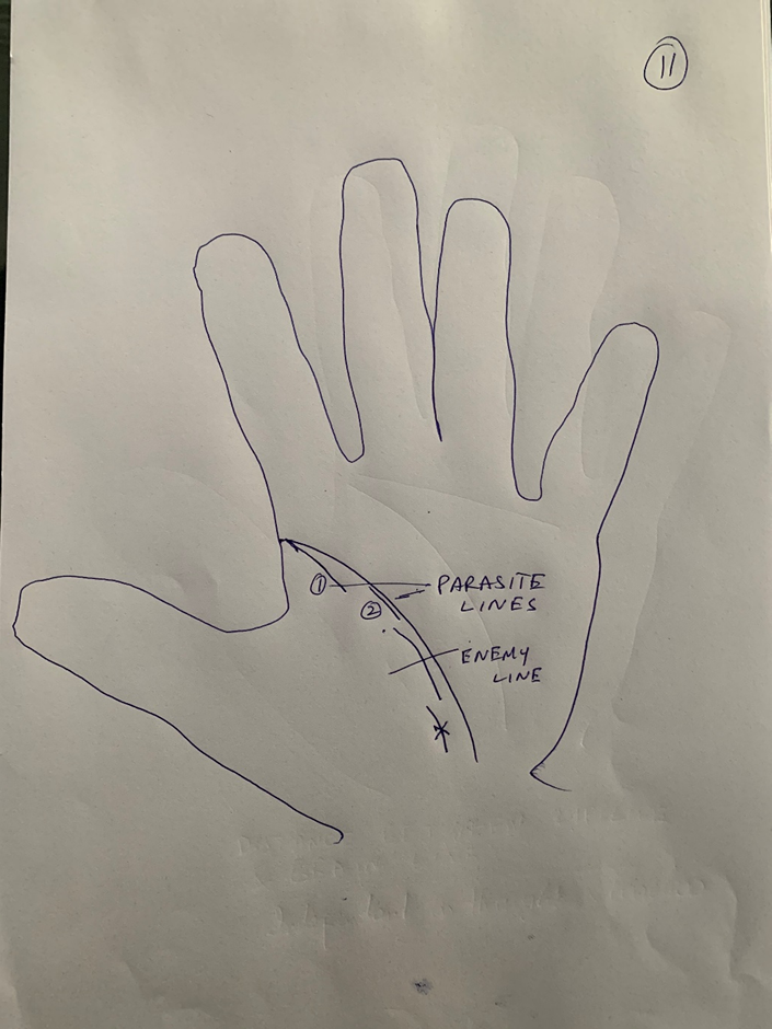 Hand-drawn palm with two numbered fine lines inside the life line labelled "parasite lines", and a crossing stroke marked "enemy line"