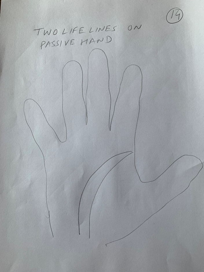 Hand-drawn palm captioned "Two life lines on passive hand", a second curve drawn inside and parallel to the first