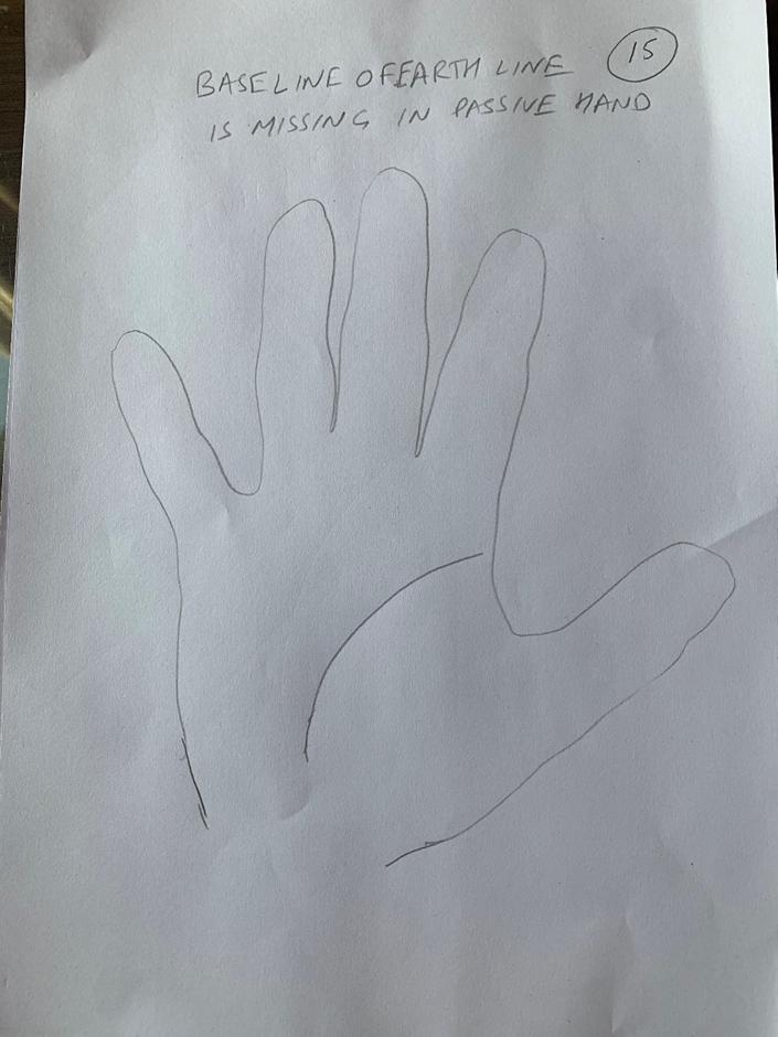 Hand-drawn palm captioned "Baseline of earth line is missing in passive hand", the life line fading out before it reaches the wrist