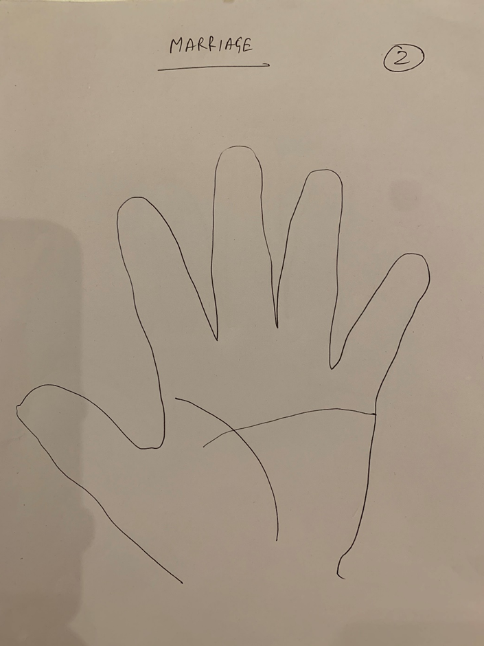 Hand-drawn palm headed "Marriage", a long line running from the edge below the little finger across toward the Mars mount