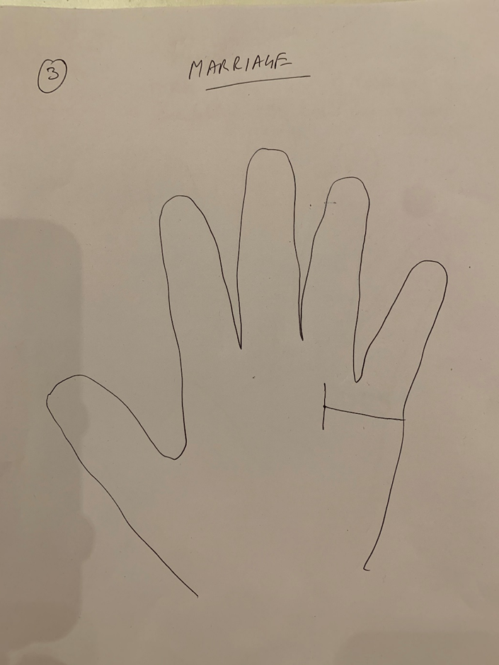 Hand-drawn palm headed "Marriage", the marriage line meeting a vertical line rising to the ring finger at a right angle