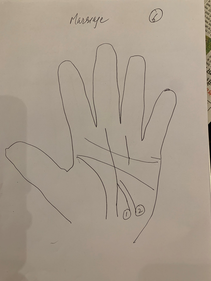 Hand-drawn palm headed "Marriage" with two numbered lines rising from the Moon mount toward the fate line