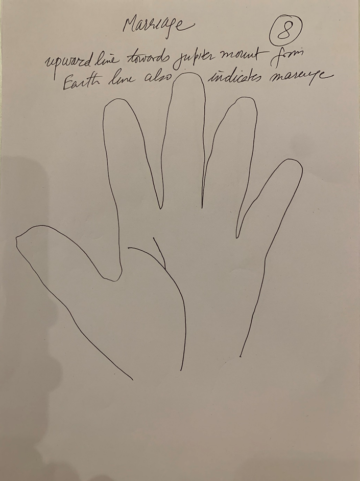 Hand-drawn palm headed "Marriage", captioned "upward line towards Jupiter mount from earth line also indicates marriage"
