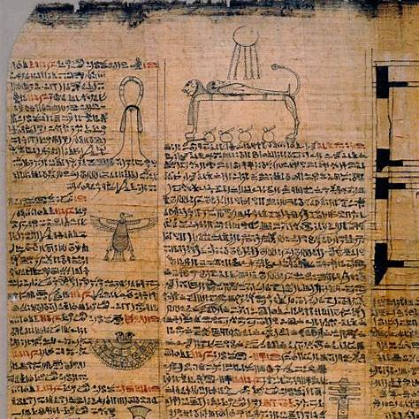 A page of an Egyptian Book of the Dead papyrus, columns of hieroglyphic text around vignettes of a mummy on a lion-headed bier, an ankh and a winged scarab