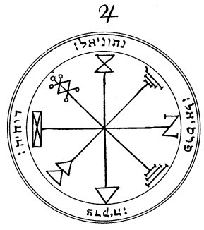 First pentacle of Jupiter: a circle under the planet's glyph, an eight-spoked wheel of symbols at its centre, Hebrew names written around the rim