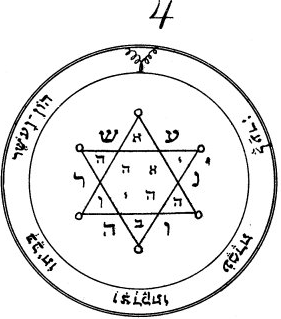 Second pentacle of Jupiter: a hexagram lettered in Hebrew at every point and at the centre, ringed by Hebrew inscription