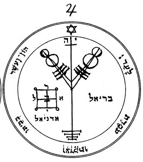 Fourth pentacle of Jupiter: a branched sigil ending in rings, the four-by-four magic square of Jupiter beside it, and the angel names Briel and Adoniel