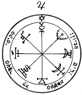 Seventh pentacle of Jupiter: an eight-spoked wheel with a planetary sigil set at the end of each spoke, Hebrew around the rim