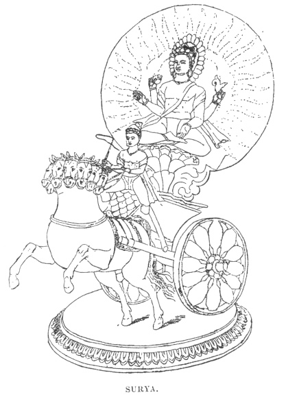 Line engraving of Surya seated within a rayed sun disc, riding a chariot drawn by horses and driven by a charioteer