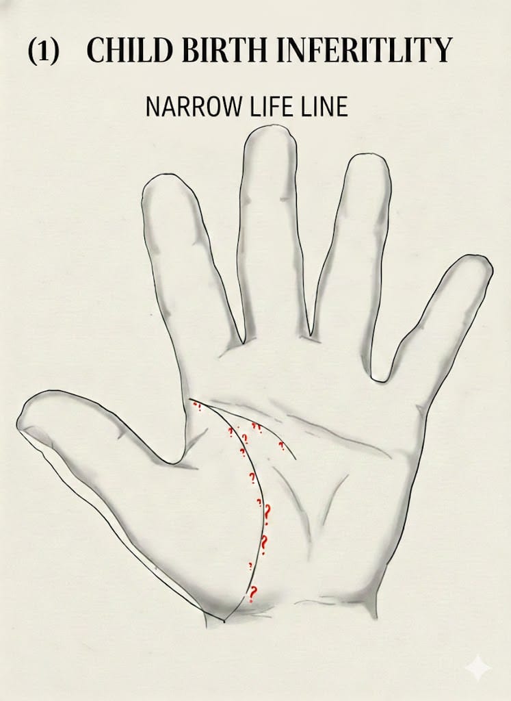 Palm diagram headed "Child birth infertility — narrow life line", the life line drawn tight against the thumb with red question marks along it