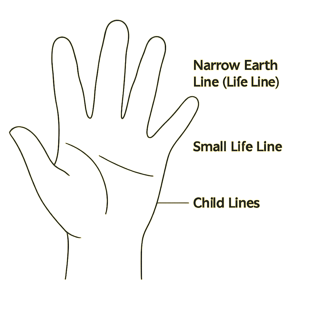 Palm outline labelled with a narrow earth line, a small life line and the child lines on the edge below the little finger
