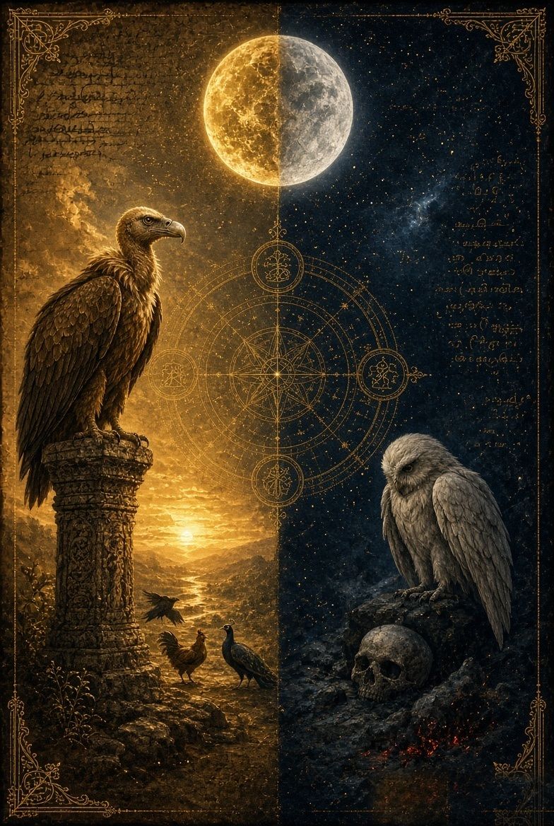 A Pancha Pakshi day and night divided — the vulture in daylight, the owl over a skull at night