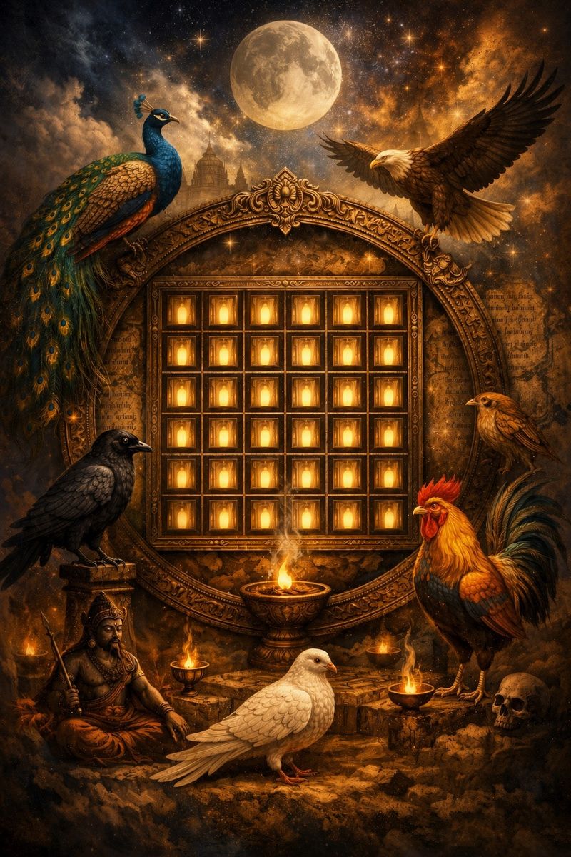A lamp-lit grid of Pancha Pakshi tables ringed by the five birds