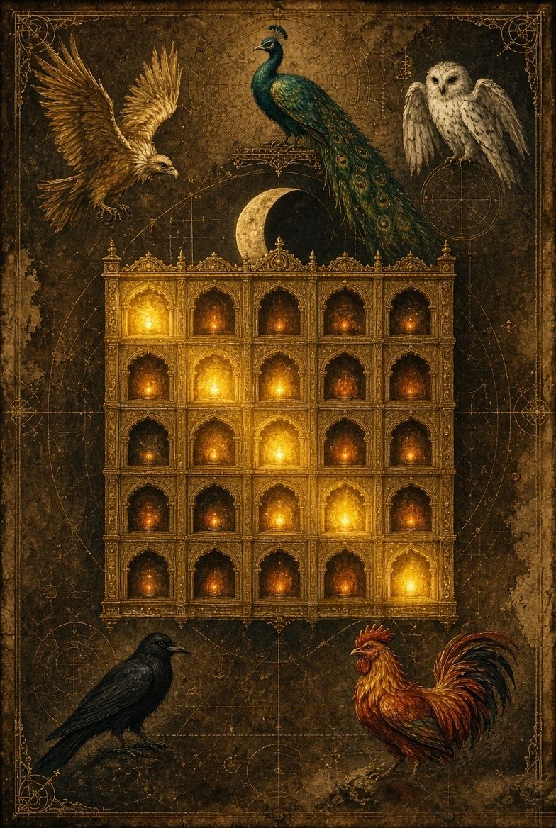 Twenty-five lamp-lit niches ringed by the five Pancha Pakshi birds