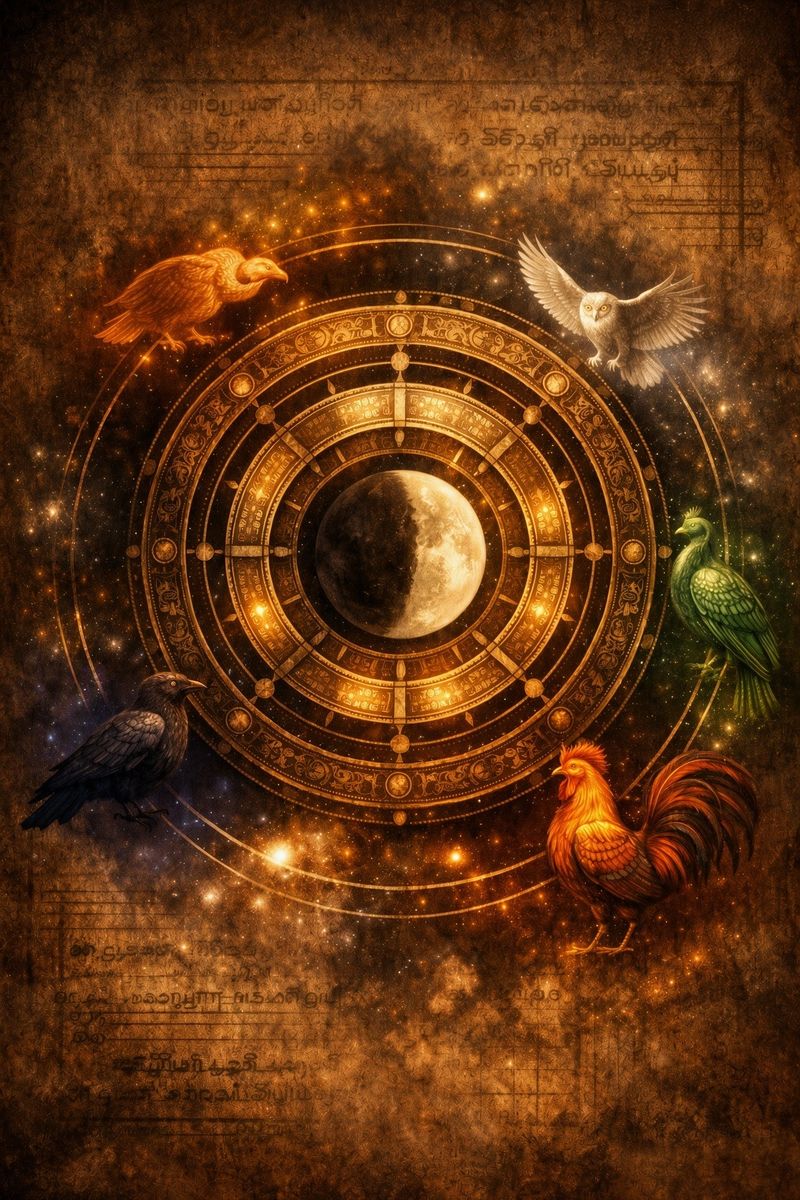 A gilded Pancha Pakshi wheel around a waxing moon, the five birds at its edges
