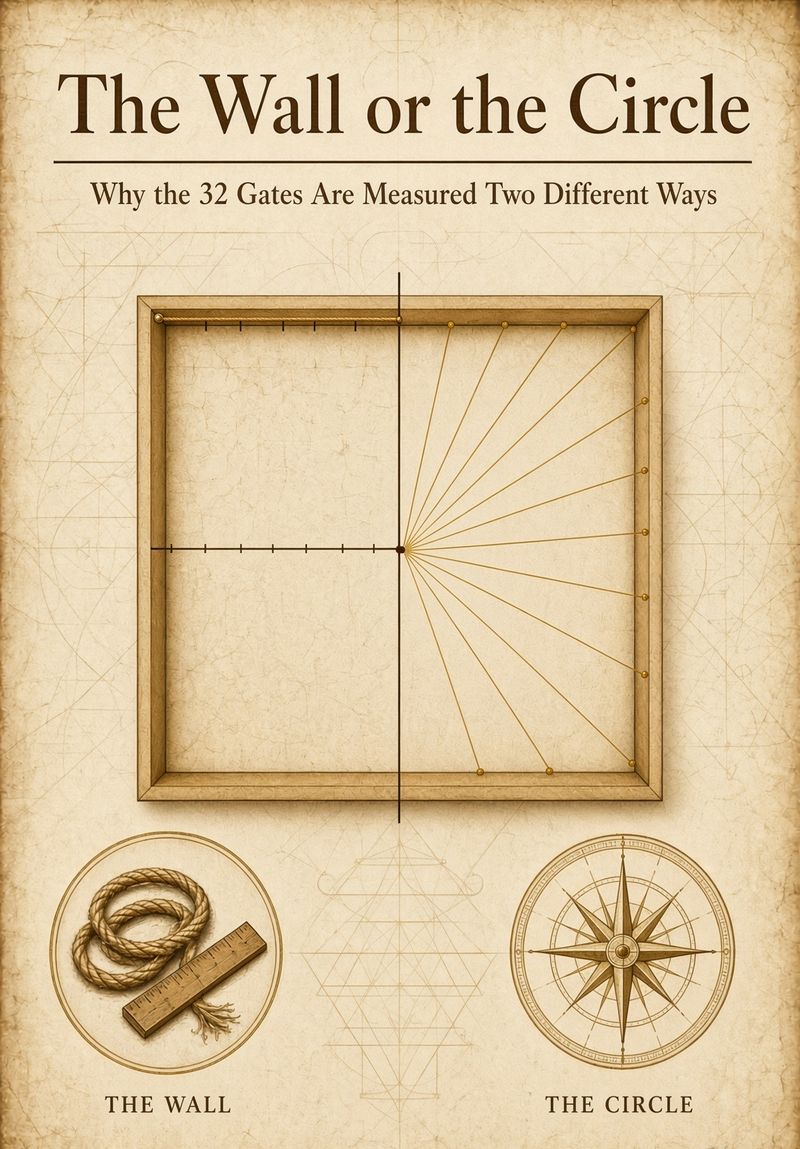 A square Vāstu plan divided two ways at once: equal tick marks along one wall, and equal angular sectors radiating from the centre, visibly failing to line up.