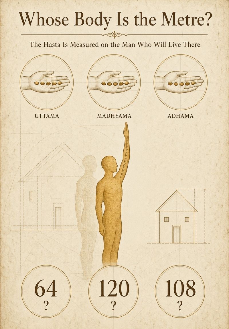 A golden figure with one arm raised, forearm graduated as a measuring unit, with a house drawn to his proportion beside him.
