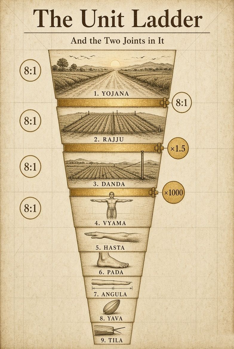 A descending ladder of Vāstu units from yojana to tila, each rung labelled, with two rungs marked where the ratio changes.