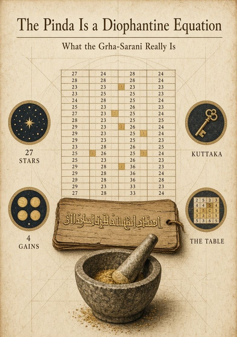 A palm-leaf manuscript with a golden equation, a 27-by-4 grid of numerals behind it, and a mortar and pestle in the foreground.