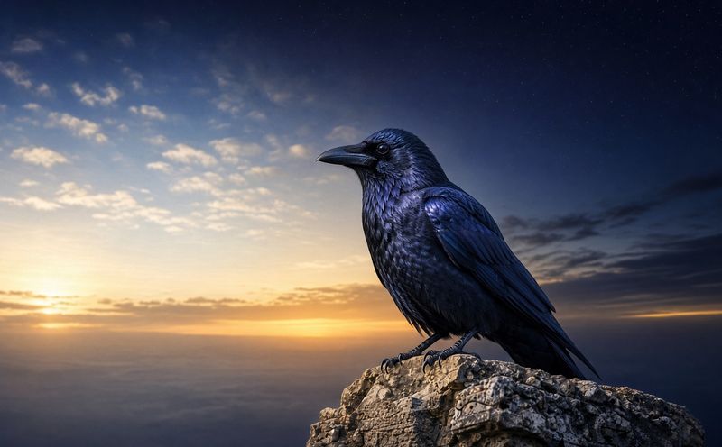 A crow perched on a weathered rock above a sea of cloud, the sky graded from starlit blue overhead to gold along the horizon at sunrise