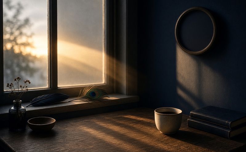 Low sun through a window falling in bands across a wooden table holding a cup, a small bowl and two books; a crow's feather and a peacock feather rest on the sill