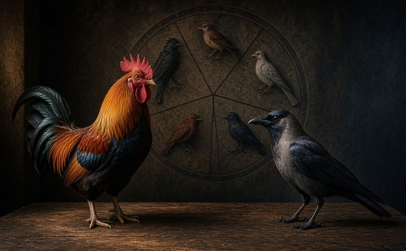 A cockerel and a crow facing each other across a dark wooden table, a five-spoked wheel carved on the wall behind them with a different bird set in each of its five segments