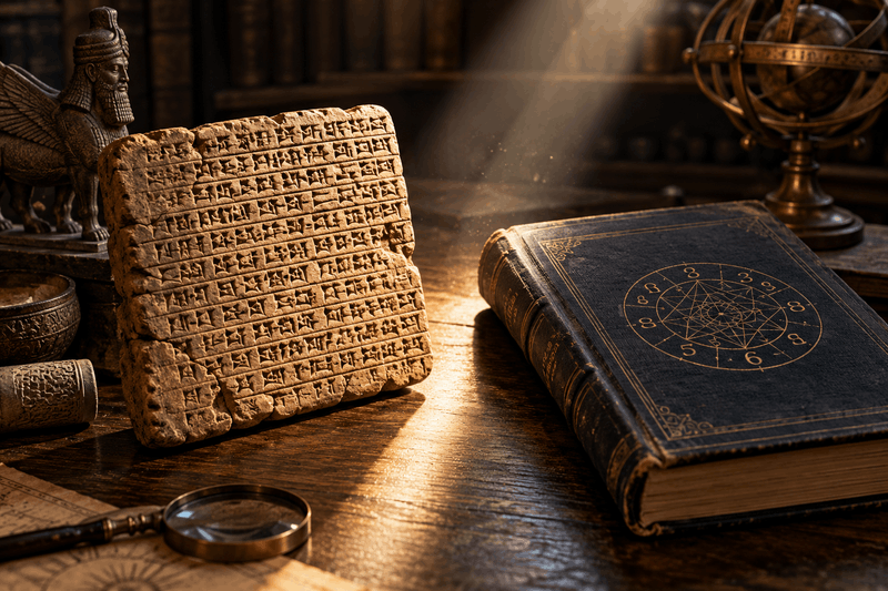 A weathered Mesopotamian clay tablet covered in cuneiform sits on a dark wooden desk beside a closed 1920s cloth-bound book. A narrow beam of light falls between the two, marking the distance between ancient record and modern claim.