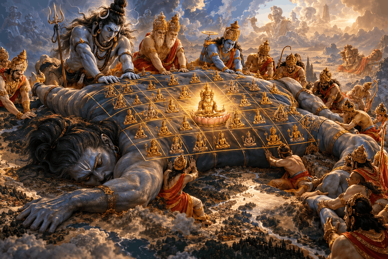 A colossal figure lying face down across a landscape of towns and rivers, held to the ground by gods pressing on him from every side; a golden grid is laid over his back, a small seated deity in each square and a radiant figure on a lotus at the centre