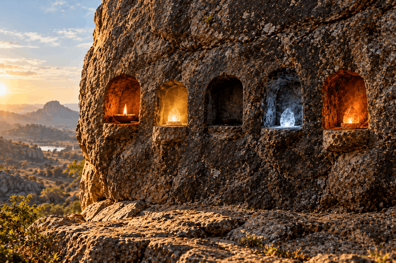 Five arched niches cut into a rough granite cliff face, each holding a different light: an oil-lamp flame, a warm glow, an empty dark recess, a cold white stone and a deep orange one