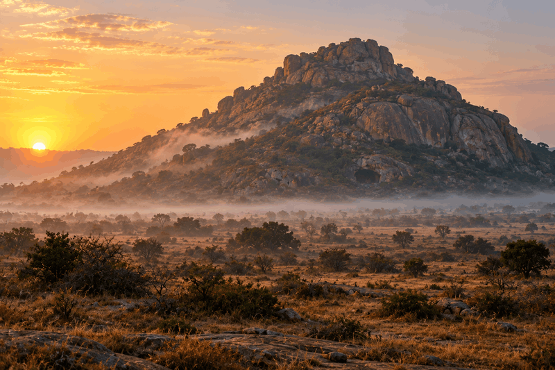 A granite hill of stacked boulders rising from misty scrub plain at sunrise, a dark cave mouth low on its right flank