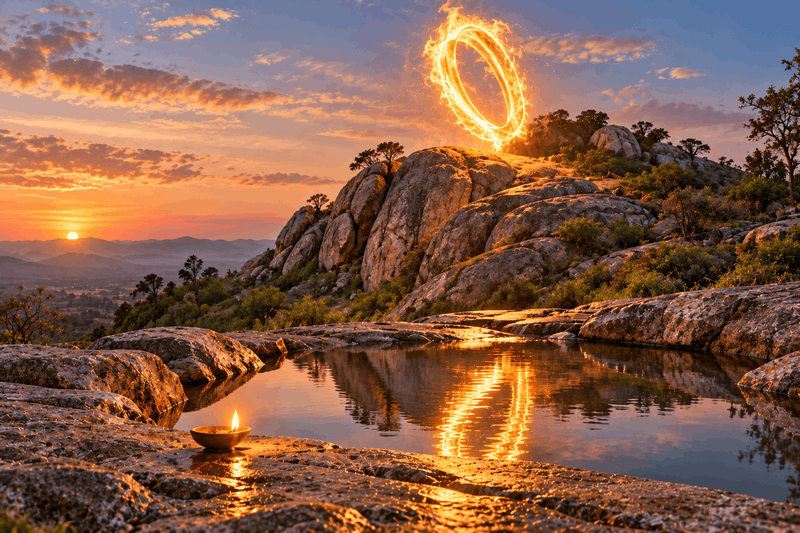 A ring of fire turning in the air above a rocky hilltop at sunset, its light reflected in a still rock pool below where one oil lamp burns at the edge