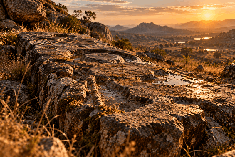 A weathered granite slab in low golden light, its surface worn into shallow hollows holding rainwater, dry grass at the edges and a wide valley beyond